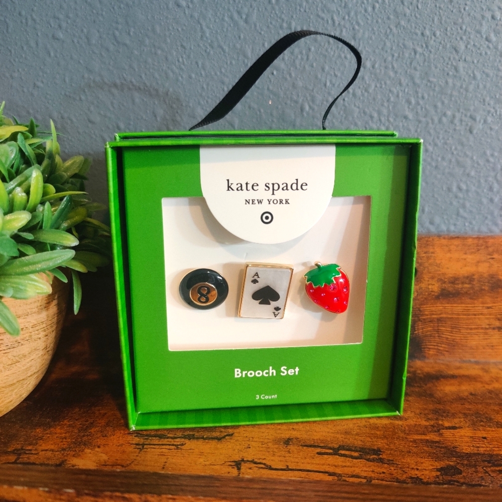 Kate Spade Brooch Set New In Box Target Strawberry Playing Card Ace Eight Ball 3